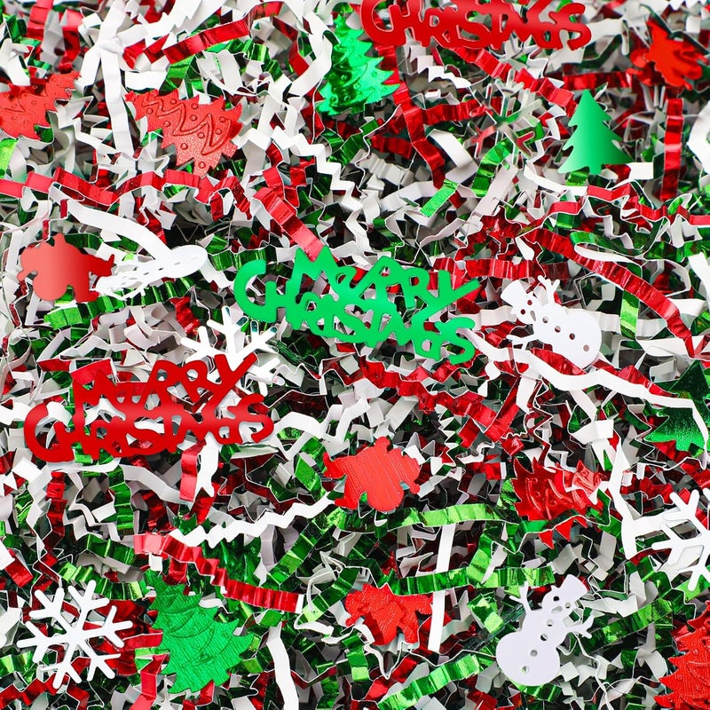 Jansun 1 LB Christmas Crinkle Cut Paper Shred, Metallic Red Green White Raffia Cut Paper Shred Filler with Xmas Tree Snowman Santa Confetti for Gift Wrapping Craft Basket Filler Christmas Gift Decorations - Image 1